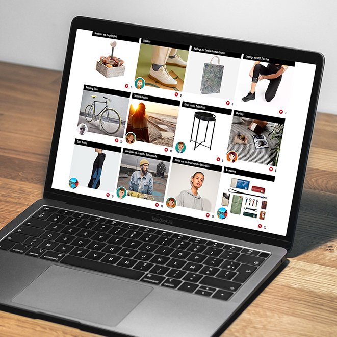 Bild zeigt einen Laptop mit verschiedenen Recyclingprodukten