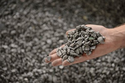 Eine Hand zeigt Metallgranulat. 