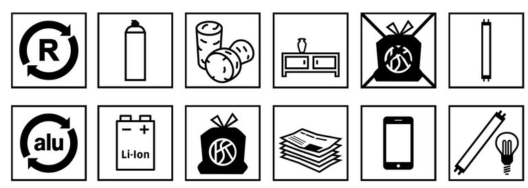 Titelbild Leitfaden Produktebeschriftung Verschiedene Recyclingpiktogramme auf weissem Hintergrund