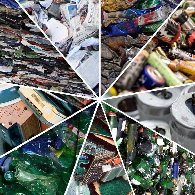 Bild zeigt eine Übersicht verschiedener Werkstoffe wie Glas, Alu, Papier, etc.